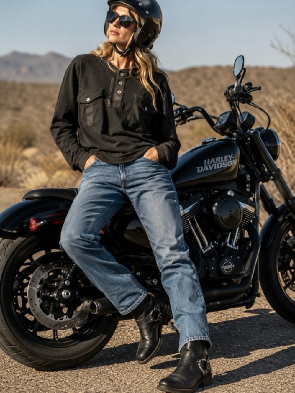 Moto Harley Davidson Ladies Blk L Sleeve Pullover Quarter Button S/Lg Bikercore